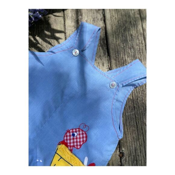Vintage Hand Made Bubble Romper Shortalls Chambray Baby Chic Applique Unisex - Picture 4 of 6
